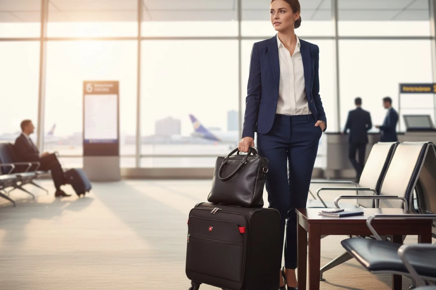 Ejecutiva con valija Viaggio Firenze en el aeropuerto